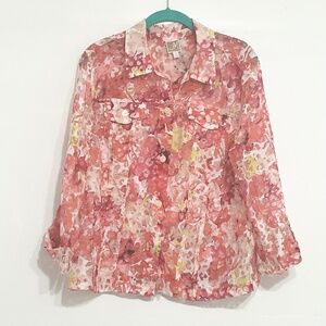 JM COLLECTION Women Burnout Print Colorful Button Down Shirt 3/4 Sleeve Size 12